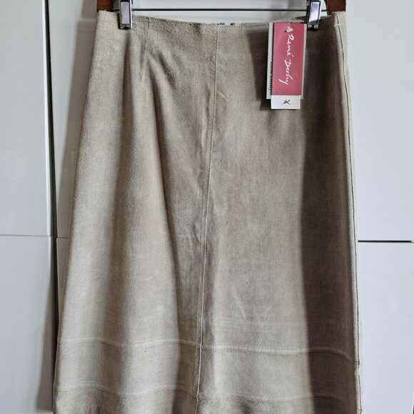 New René Derhy 100% Genuine Leather Stone Suede Midi Skirt - Picture 3 of 16